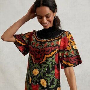 Anthropologie Farm Rio Larsa Mock Neck Mini Dress Black Red Floral size Medium